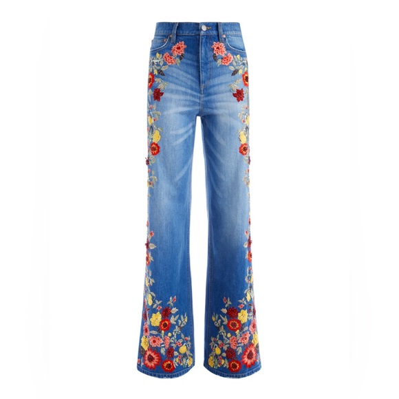 Alice + Olivia Blue Floral Embroidered Flare Jeans - Picture 7 of 15